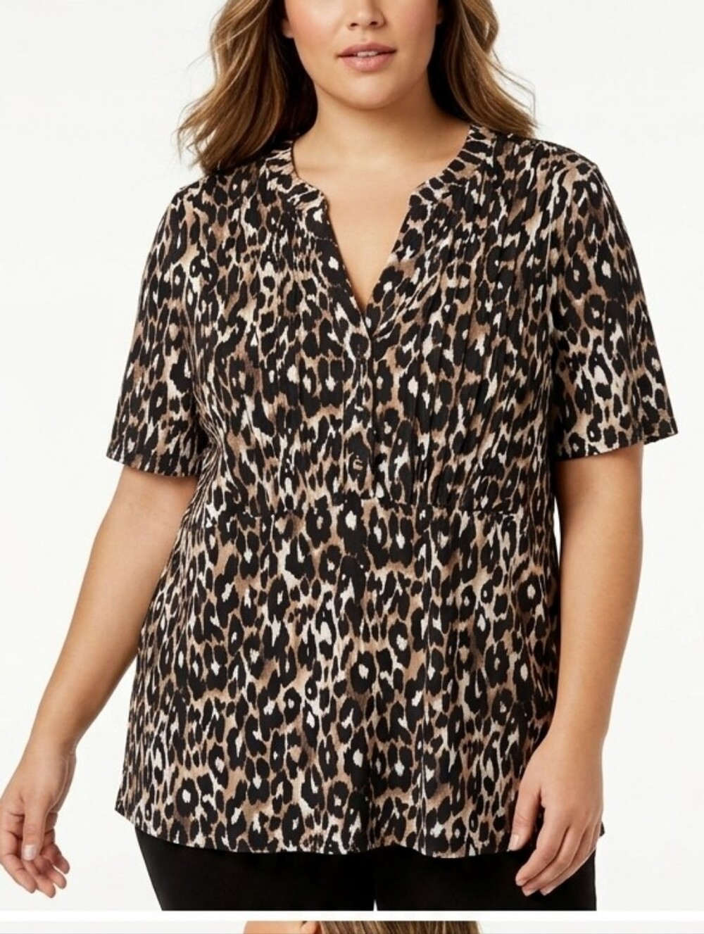 Style & Co. Leopard Print Short Sleeve V-Neck Top - Brown Black Cream